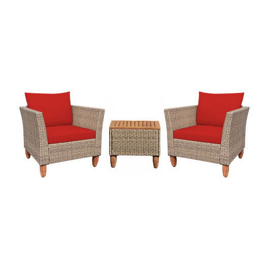 3 Pieces Patio Rattan Furniture Set with Washable Cushion for Yard Porch-Red