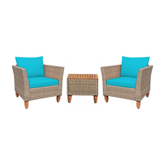 3 Pieces Patio Rattan Furniture Set with Washable Cushion for Yard Porch-Turquoise