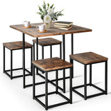 5 Pieces Metal Frame Dining Set with Compact Dining Table and 4 Stools-Walnut