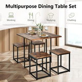 5 Pieces Metal Frame Dining Set with Compact Dining Table and 4 Stools-Walnut