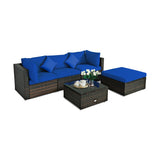 5 Pcs Outdoor Patio Rattan Furniture Set Sectional Conversation with Navy Cushions-Navy