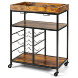 3-Tier Wood Rolling Kitchen Serving Cart with 9 Wine Bottles Rack Metal Frame-Rustic Brown