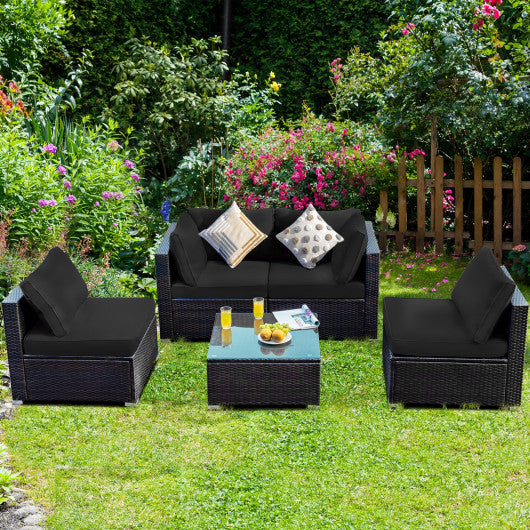 5 Pieces Cushioned Patio Rattan Furniture Set with Glass Table-Black