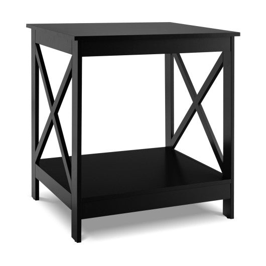 2-Tier Side Table with X-shape Design and 4 Solid Legs-Black