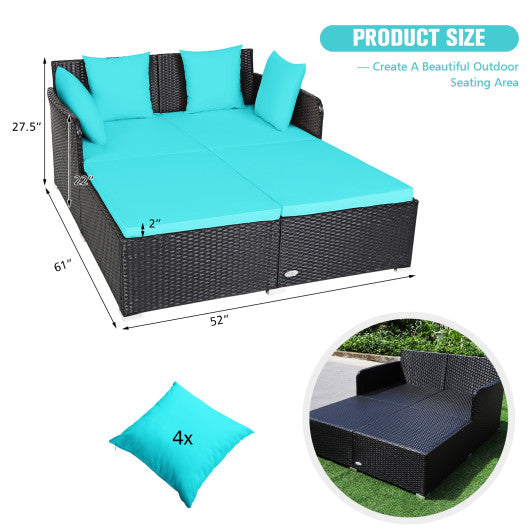 Spacious Outdoor Rattan Daybed with Upholstered Cushions and Pillows-Turquoise