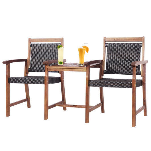 2-Seat Patio Rattan Acacia Wood Chair with Coffee Table