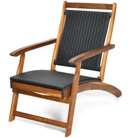 Patio Rattan Folding Lounge Chair with Acacia Wooden Frame Retractable Footrest