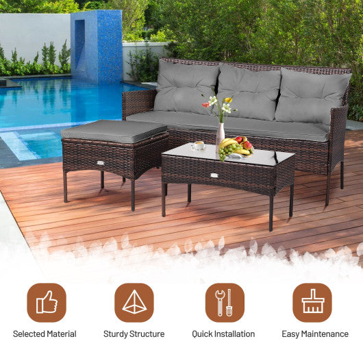 3 Pieces Patio Furniture Sectional Set with 5 Cozy Seat and Back Cushions-Gray