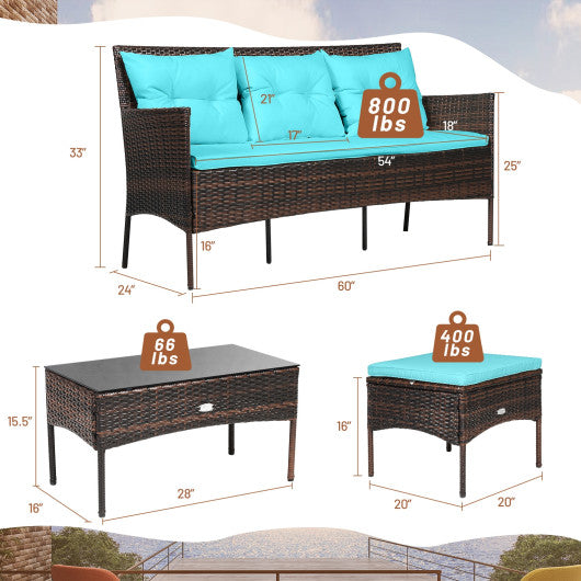 3 Pieces Patio Furniture Sectional Set with 5 Cozy Seat and Back Cushions-Turquoise