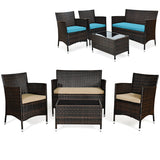 4 Pieces Comfortable Outdoor Rattan Sofa Set with Glass Coffee Table-Beige & Turquoise