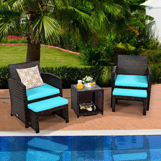 5 Pieces Patio Rattan Furniture Set with Ottoman and Tempered Glass Coffee Table-Turquoise