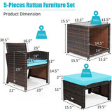 5 Pieces Patio Rattan Furniture Set with Ottoman and Tempered Glass Coffee Table-Turquoise