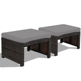 2 Pieces Patio Rattan Ottomans with Soft Cushion for Patio and Garden-Gray