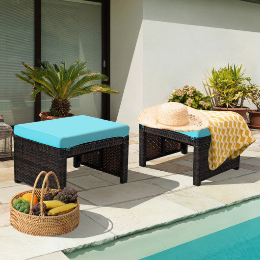 2 Pieces Patio Rattan Ottomans with Soft Cushion for Patio and Garden-Turquoise