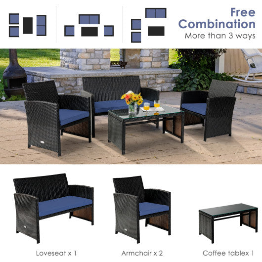 4Pcs Patio Rattan Cushioned Furniture Set-Navy