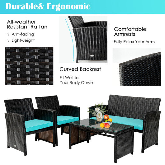 4 Pieces Patio Rattan Cushioned Furniture Set-Turquoise