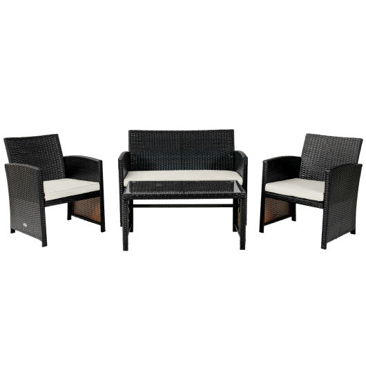 4 Pieces Patio Rattan Cushioned Furniture Set with Coffee Table-White