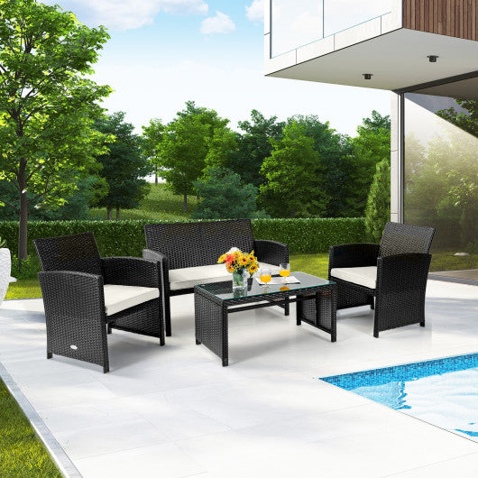 4 Pieces Patio Rattan Cushioned Furniture Set with Coffee Table-White