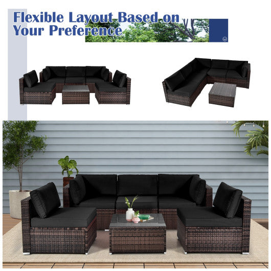 6 Pieces Patio Rattan Furniture Set with Cushions and Glass Coffee Table-Black