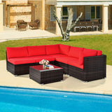 6 Pieces Patio Rattan Furniture Set with Cushions and Glass Coffee Table-Red