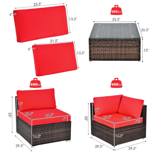 6 Pieces Patio Rattan Furniture Set with Cushions and Glass Coffee Table-Red