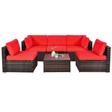 6 Pieces Patio Rattan Furniture Set with Cushions and Glass Coffee Table-Red