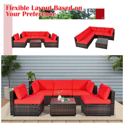 6 Pieces Patio Rattan Furniture Set with Cushions and Glass Coffee Table-Red