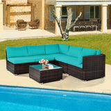 6 Pieces Patio Rattan Furniture Set with Cushions and Glass Coffee Table-Turquoise