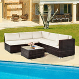 6 Pieces Patio Rattan Furniture Set with Cushions and Glass Coffee Table-White