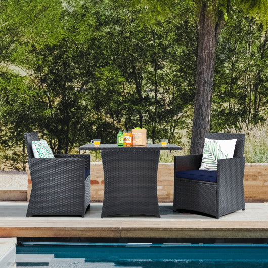 3 Pieces Patio Rattan Furniture Set with Cushion and Sofa Armrest-Navy