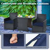 3 Pieces Patio Rattan Furniture Set with Cushion and Sofa Armrest-Navy