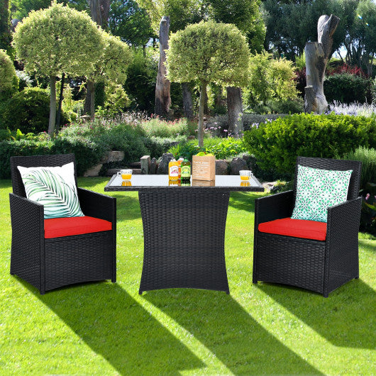 3 Pieces Patio Rattan Furniture Set with Cushion and Sofa Armrest-Red