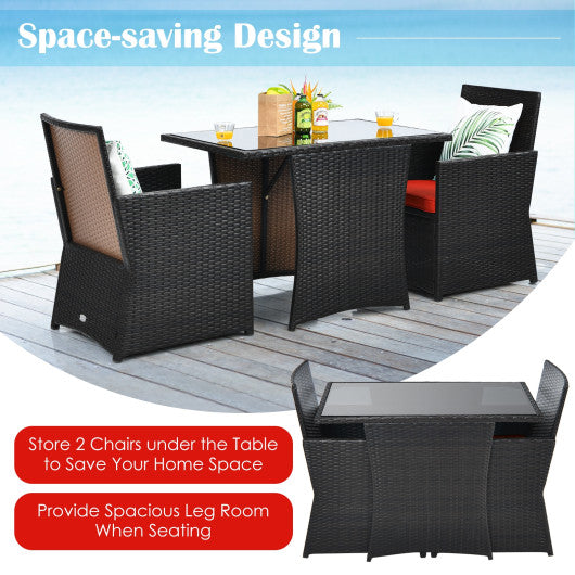 3 Pieces Patio Rattan Furniture Set with Cushion and Sofa Armrest-Red