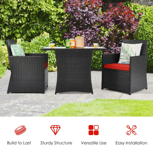 3 Pieces Patio Rattan Furniture Set with Cushion and Sofa Armrest-Red