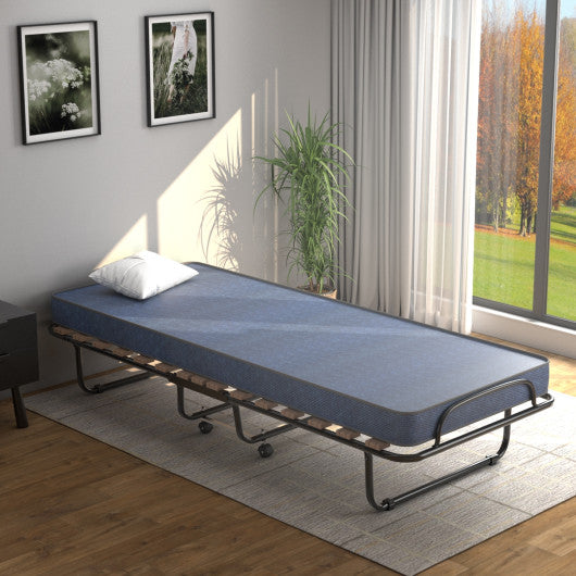 Portable Folding Bed with Memory Foam Mattress and Sturdy Metal Frame Made in Italy-Navy