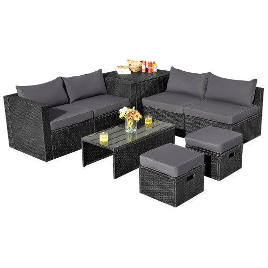 8 Pieces Patio Rattan Storage Table Furniture Set-Gray