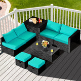 8 Pieces Patio Rattan Storage Table Furniture Set-Turquoise