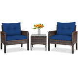 3 Pieces Outdoor Patio Rattan Conversation Set with Seat Cushions-Navy