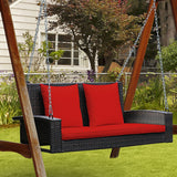 2-Person Patio Rattan Porch Swing with Cushions-Red