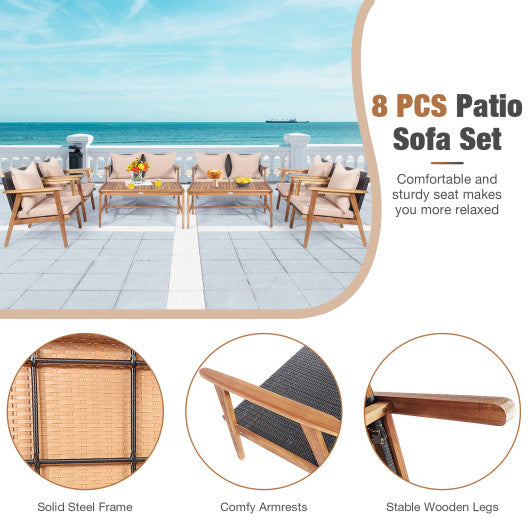 4 Pieces Acacia Wood Patio Rattan Furniture Set with Zippered Cushions-Brown