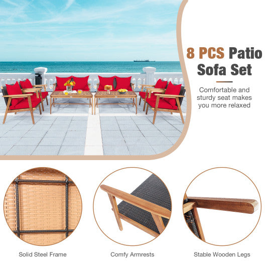 4 Piece  Acacia Wood Patio Rattan Furniture Set-Red