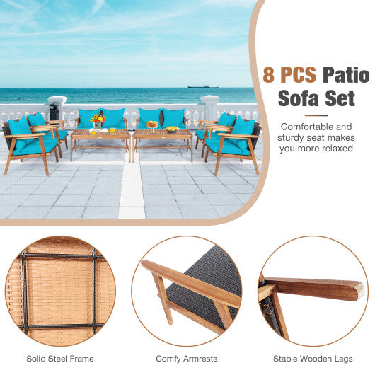 4 Pieces Acacia Wood Patio Rattan Furniture Set-Turquoise