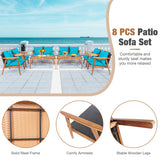 4 Pieces Acacia Wood Patio Rattan Furniture Set-Turquoise