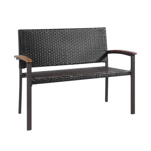 Outdoor Patio Rattan Wicker Bench with Armrest for Garden