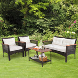 4 Pieces Patio Rattan Acacia Wood Furniture Set with Cushions and Armrest