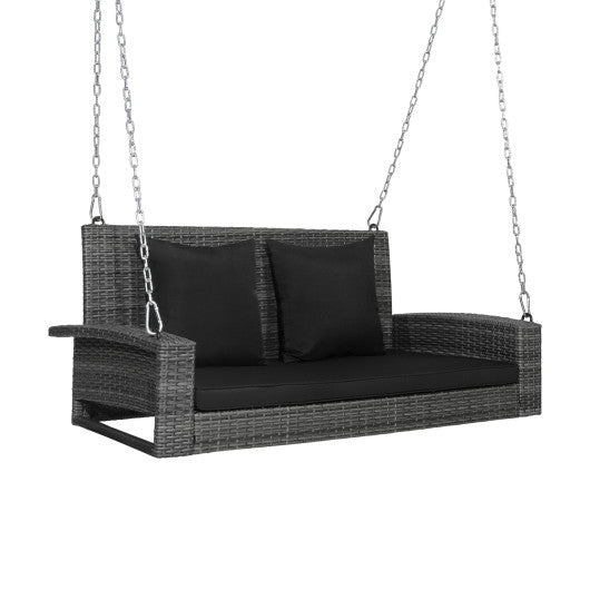 2-Person Patio PE Wicker Hanging Porch Swing Bench Chair Cushion 800 Pounds-Black