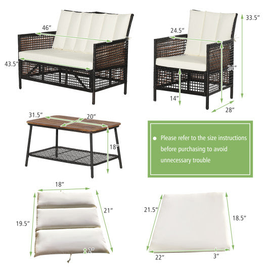 4 Pieces Patio Rattan Furniture Set with 2-Tier Coffee Table-White