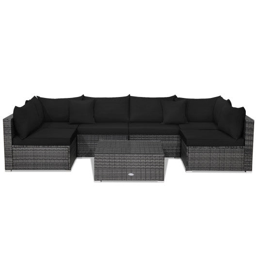 7 Pieces Patio Rattan Furniture Set with Sectional Sofa Cushioned-Black