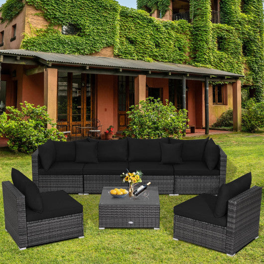 7 Pieces Patio Rattan Furniture Set with Sectional Sofa Cushioned-Black