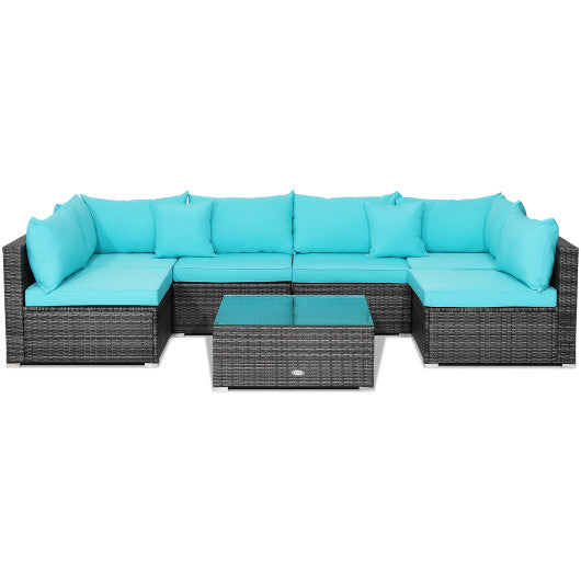 7 Pieces Patio Rattan Furniture Set with Sectional Sofa Cushioned-Turquoise